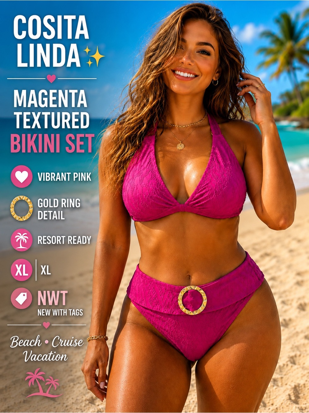 Cosita Linda Magenta Textured Bikini Set XL NWT Gold Ring Detail